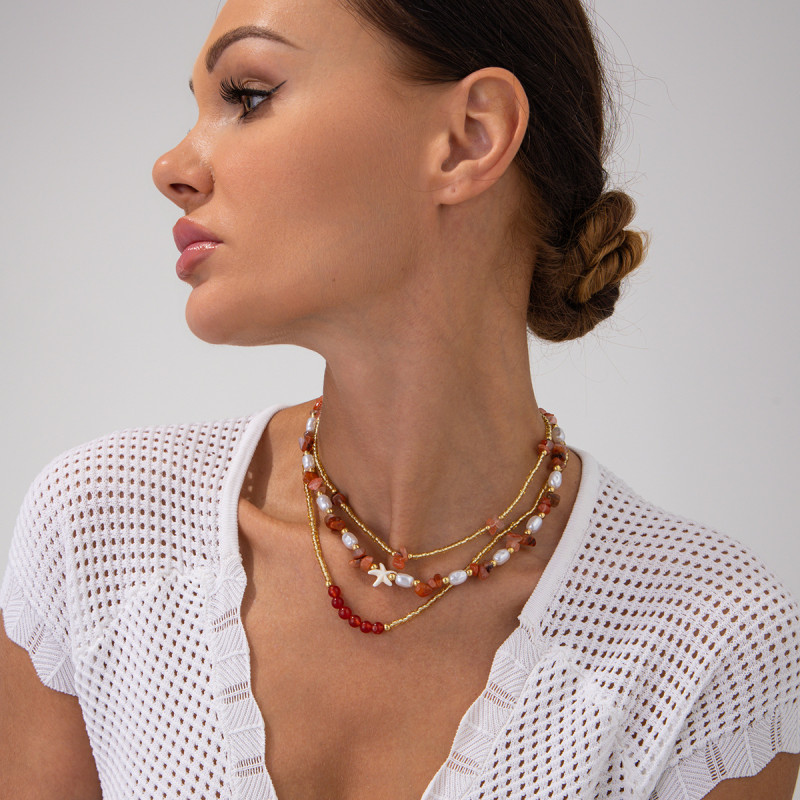 European and American Cross-Border Summer Sweet Pearl Starfish Necklace Unique Irregular Turquoise Rice Bead Beaded Necklace for Women