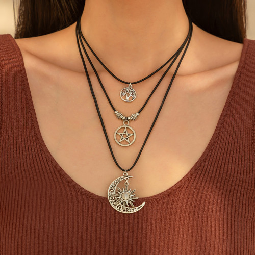 European and American Cross-Border Jewelry Ethnic Style Korean Velvet Multi-Layer Collarbone Chain Vintage Hollow Moon Alloy Pendant Necklace