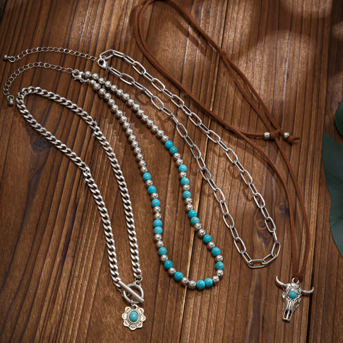 European and American Cross-Border Jewelry Retro Beaded Geometric Turquoise Choker Necklace Casual Multi-Layer Bohemian Necklace