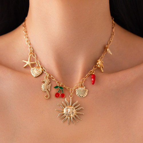 European and American Cross-Border Jewelry Vacation Cherry Pepper Oil Drop Pendant Necklace Retro Ocean Style Alloy Collarbone Chain
