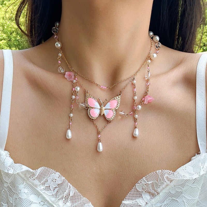 European and American Cross-Border Jewelry Beaded Niche Design Sweet Cool Y2K Butterfly Choker Qianxi Style Dopamine Necklace