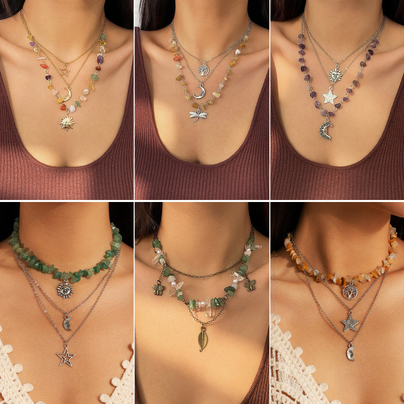 European and American Cross-Border Jewelry New Chinese Style Retro Moon Zircon Necklace Mint Wave Style Green Leaf Sweet Cool Layered Necklace