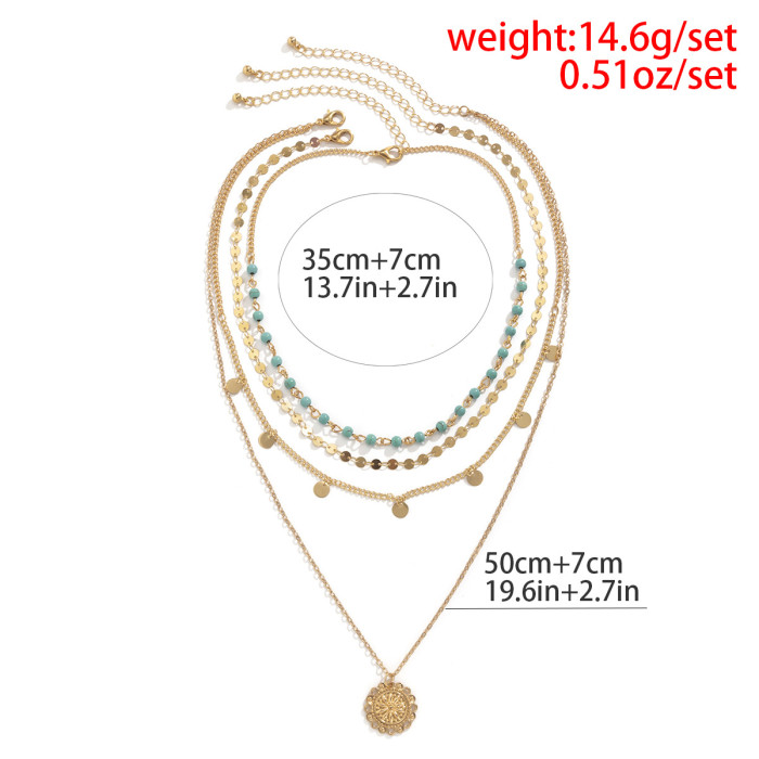 European and American Cross-Border Simple Thin Chain Turquoise Beaded Flower Plate Pendant Necklace for Women Vintage Style Tassel Sequin Necklace