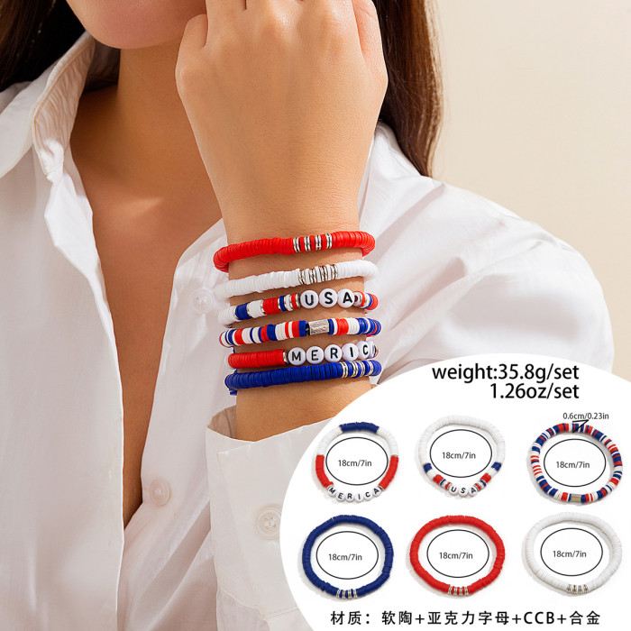 European and American Independence Day Soft Clay Beaded Letter Bracelet Five-Pointed Star Flag Color-Block Hand Jewelry