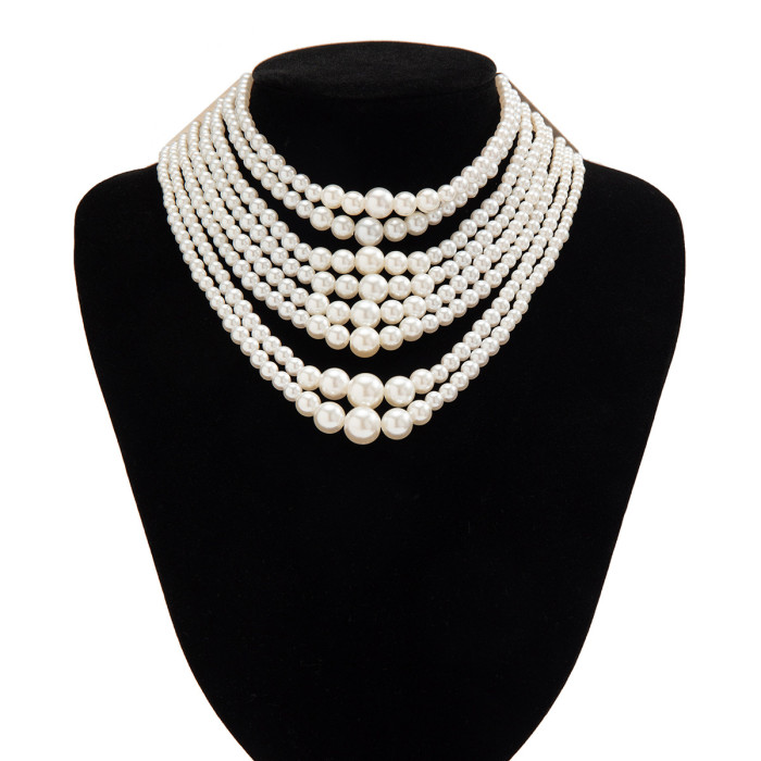 European and American Style Multi-layer Imitation Pearl Necklace for Women, Elegant Baroque Large and Small Beaded French Vintage Choker Jewelry