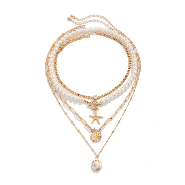 European and American Cross-Border Jewelry Beaded Necklace Beach Imitation Pearl Necklace Starfish Shell Retro Vacation Necklace