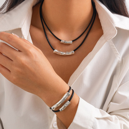 European and American Cross-Border Jewelry INS Cylinder Leather Wax Thread Necklace Set Hip-Hop Alloy Multi-Layer Clavicle Chain Hot-Selling Model