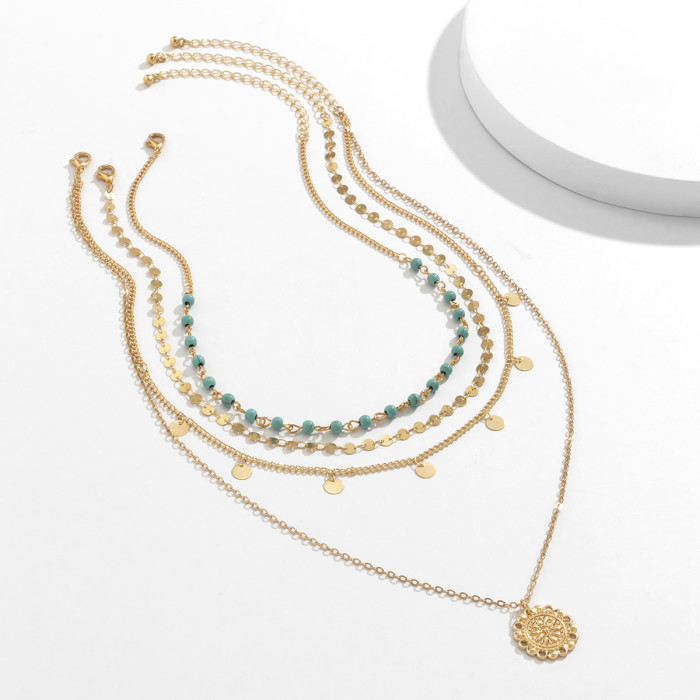 European and American Cross-Border Simple Thin Chain Turquoise Beaded Flower Plate Pendant Necklace for Women Vintage Style Tassel Sequin Necklace
