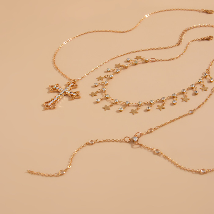 Jewelry Baroque Style Layered Cross Necklace Vintage Five-Pointed Star Alloy Pendant Collarbone Chain