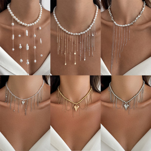 European and American Cross-Border Jewelry Cream Sweet Girl Style Heart Pendant Necklace Elegant Imitation Pearl Tassel Chain Clavicle Chain
