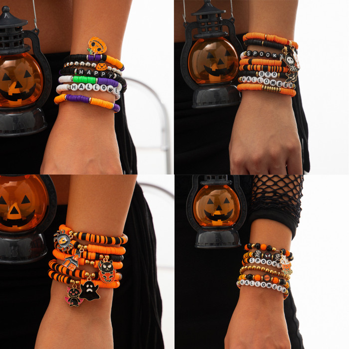 European and American Cross-Border Jewelry Halloween Pumpkin Soft Clay Bracelet Punk Alloy Letter Gothic Style Multi-Layer Bracelet