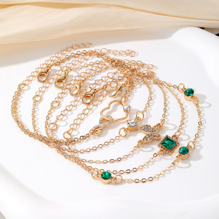 Cross-Border New Arrival European and American Bracelets Ins Vintage Lvzuan Square Bracelet Diamond Butterfly Heart Bracelet 4-Piece Set