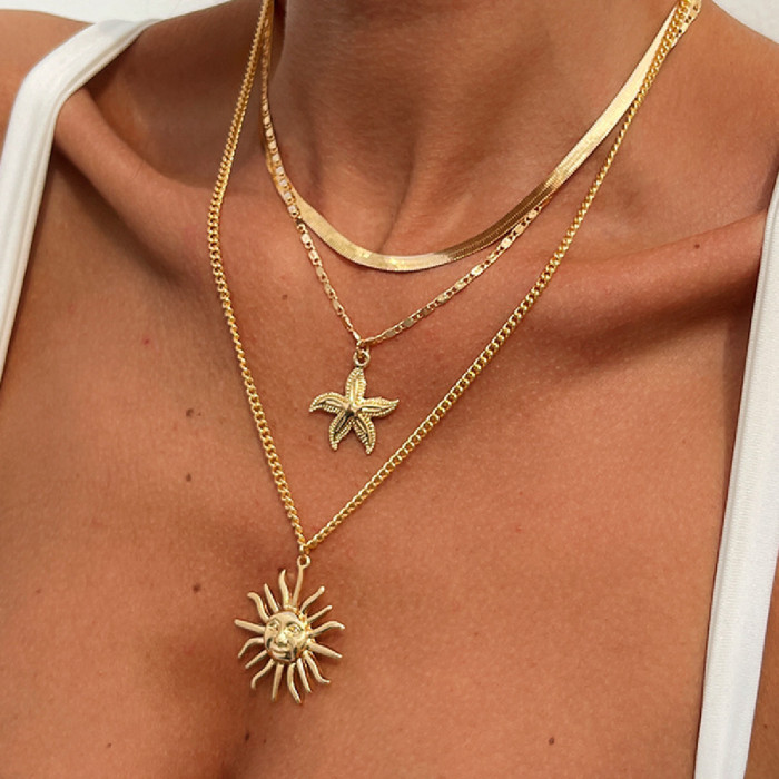 European and American Cross-Border Jewelry Exaggerated Face Sun Alloy Ring Set Vacation Beach Geometric Adjustable Ring