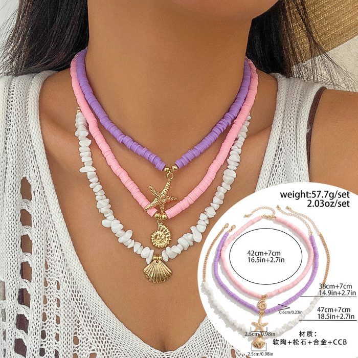 European and American Cross-Border Ocean Style Shell Turquoise Multi-Layer Necklace Beach Starfish Beaded Necklace Jewelry for Women