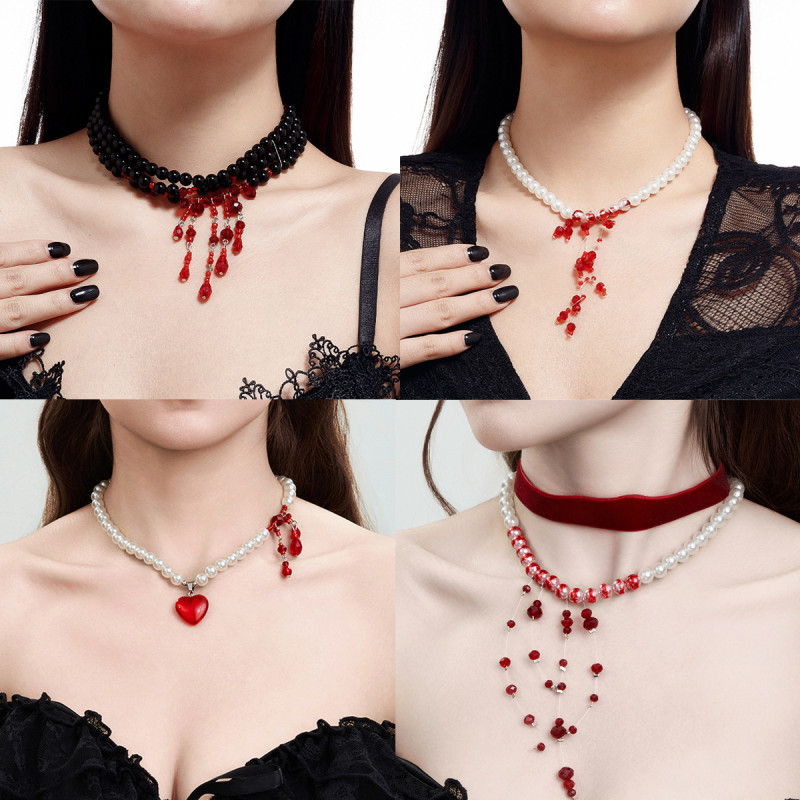European and American Cross-Border Jewelry Gothic Style Pearl Necklace Choker Halloween Blood Drop Tassel Crystal Collarbone Chain
