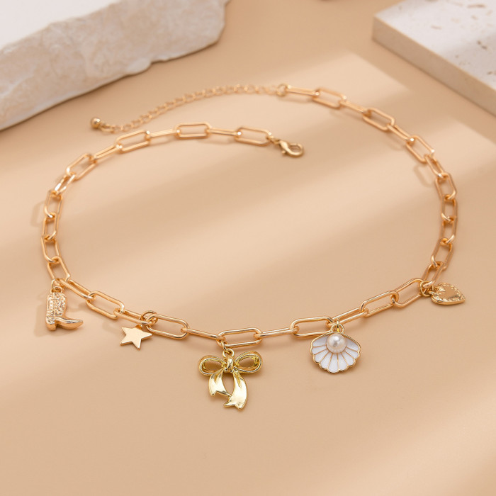 Jewelry Fashionable Bowknot Scallop Chain Necklace Versatile Imitation Pearl Alloy Collarbone Chain