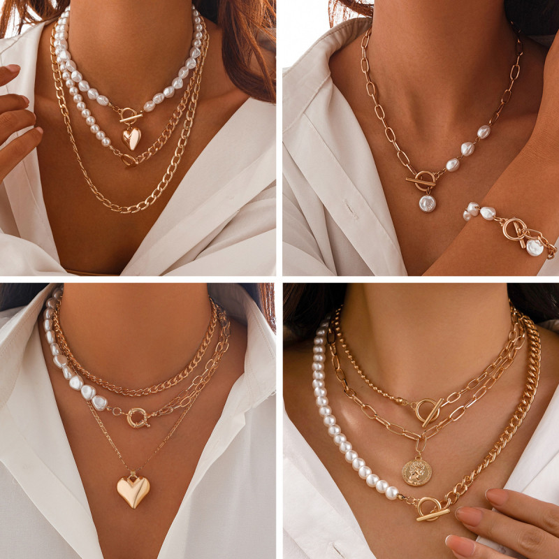 European and American Cross-Border Jewelry Light Luxury Style Imitation Pearl Multi-Layer Collarbone Chain Large Round Bead Versatile Alloy Water Drop Necklace