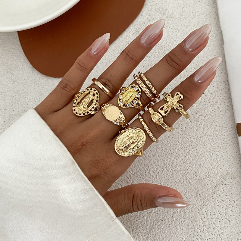 European and American Cross-Border Jewelry Punk Hip-Hop Style Inlaid Diamond Cross Ring INS Design Sense Hollow Virgin Mary Knuckle Ring