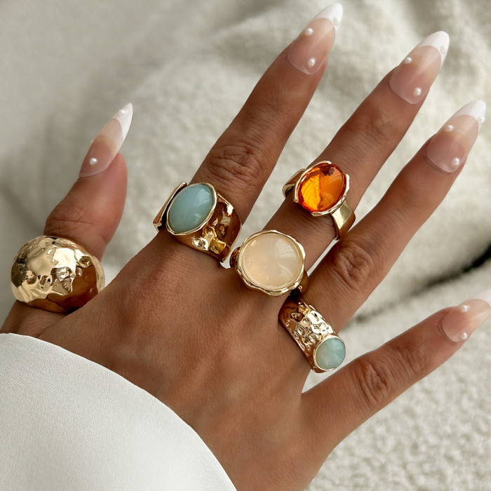 Europe and America Cross Border Ornament Fashion Inlaid Acrylic Ring Affordable Luxury Style Irregular Alloy Ring New Product