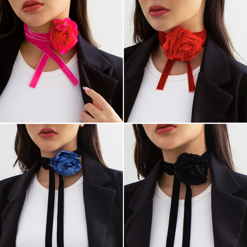European and American Cross-Border Jewelry Velvet Flower Choker Rose Choker Plant Big Red Flower Women's Necklace