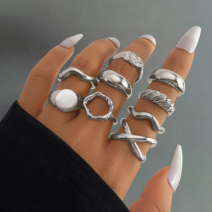 European and American Cross-Border Eco-Friendly Personality Exaggerated Gold Lava Line Irregular Water Drop Smooth Ring Set 15 Pieces