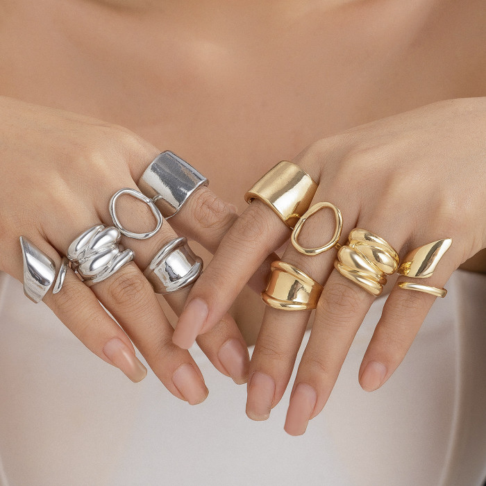 European and American Geometric Metal Style Lava Line Ring Set Irregular Smooth Open Texture Vintage Rings