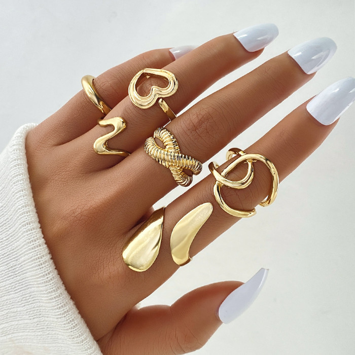 European and American Cross-Border Eco-Friendly Personality Exaggerated Gold Lava Line Irregular Water Drop Smooth Ring Set 15 Pieces