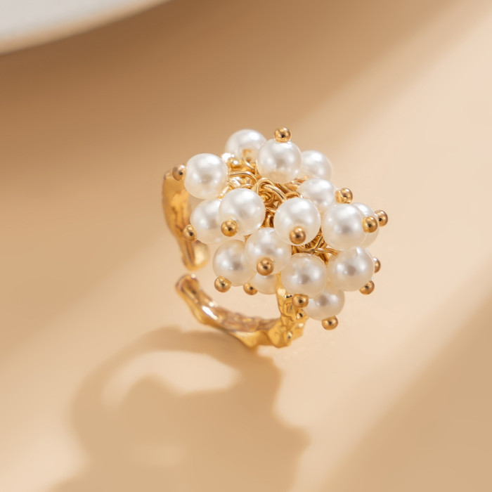 Baroque Irregular Pearl Alloy Ring Set European and American Cross-Border Light Luxury Geometric Metal Hollow Finger Ring