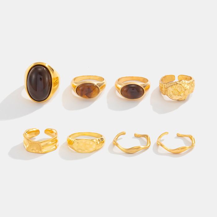 European and American Cross-Border Jewelry INS Hong Kong Style Retro Gemstone Open Ring Set Light Luxury Simple Irregular Ring