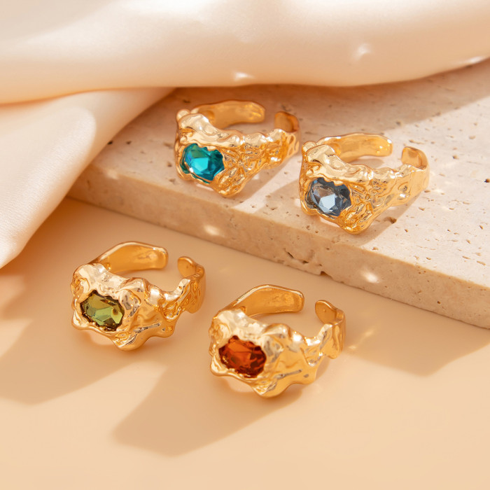 European and American Cross-Border Jewelry Sweet Cool Style Retro Inlaid Gemstone Wrinkled Ring Personality Geometric Alloy Ring Set