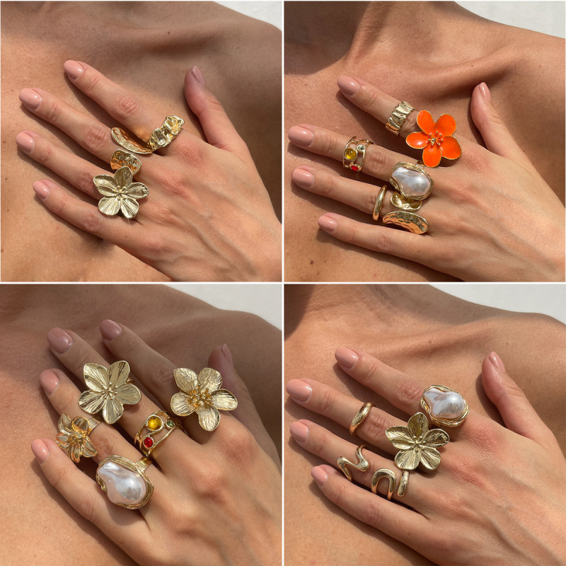 European and American Cross-Border Jewelry INS Style Pearl Hollow Irregular Ring Vintage Inlaid Alloy Flower Joint Ring