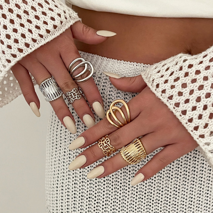 European and American Cross-Border Jewelry Internet Celebrity Style Hollow Striped Ring Set Personality Irregular Alloy Ring Multi-Layer
