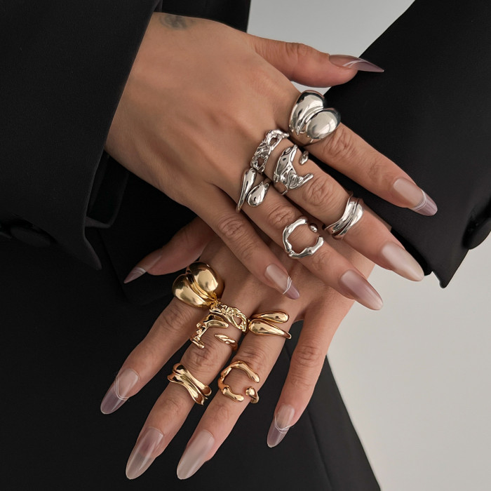 European and American Cross-Border Jewelry INS Style Irregular Smooth Ring Set Water Drop Multi-Layer Alloy Ring Joint Ring