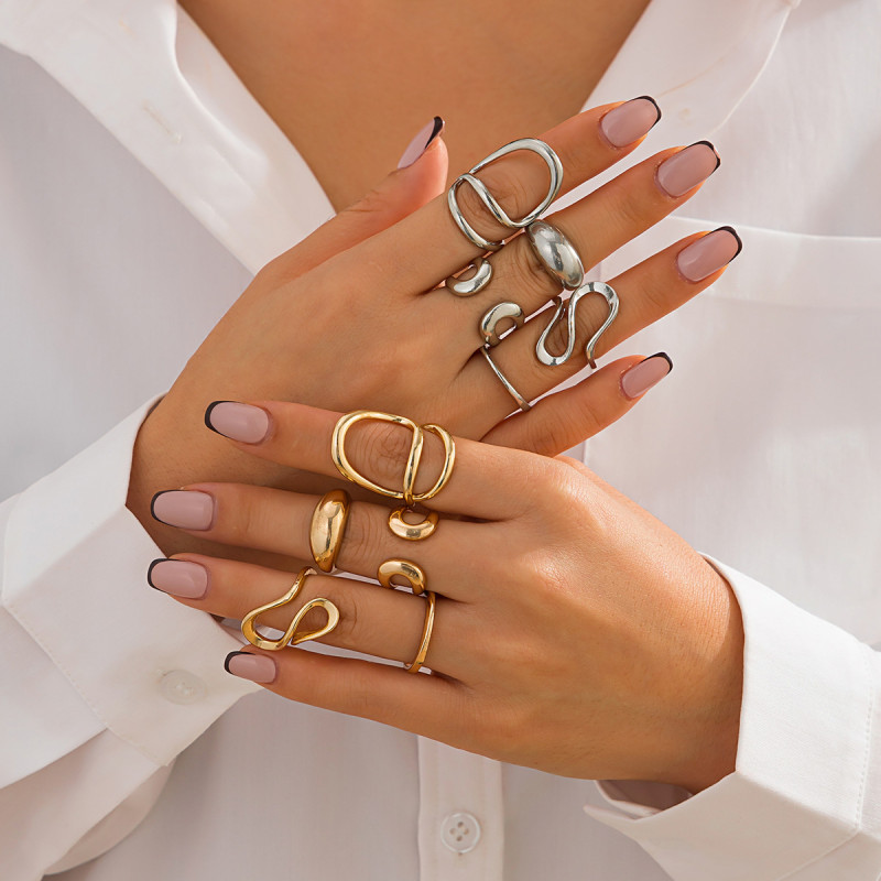 European and American Cross-Border Jewelry INS Style Irregular Curved Ring Personality Metallic Geometric Ring Set