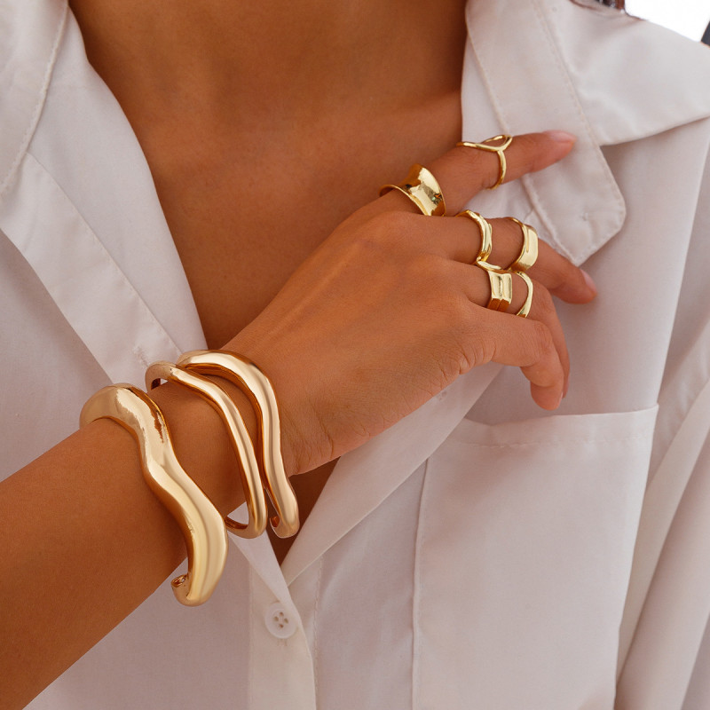 European and American Cross-Border Jewelry 6-Piece Hollow Pleated Ring Set 3-Piece Irregular Curved Alloy Bracelet