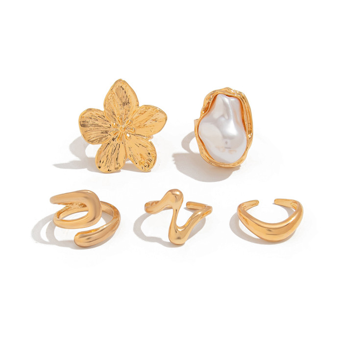European and American Cross-Border Jewelry INS Style Pearl Hollow Irregular Ring Vintage Inlaid Alloy Flower Joint Ring