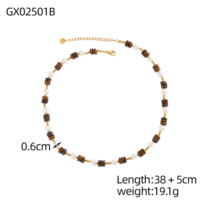 Vintage Tiger Eye Necklace Collarbone Chain Simple Personality Round Bead Natural Stone Stainless Steel Necklace Jewe...