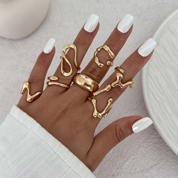 European and American Cross-Border Jewelry Irregular Liquid Lava Metal Wrinkled Open Ring Design Glossy Joint Ring