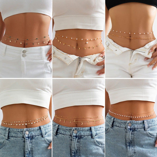 European and American Cross-Border Jewelry Layered Chain Tassel Star Moon Rhinestone Waist Chain Sexy Butterfly Women's Imitation Pearl Body Chain