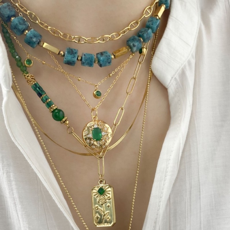 European and American Style Layered Design Natural Stone Beaded Necklace Mint Manbo Spring Summer Versatile Elegant Trendy Jewelry Wholesale