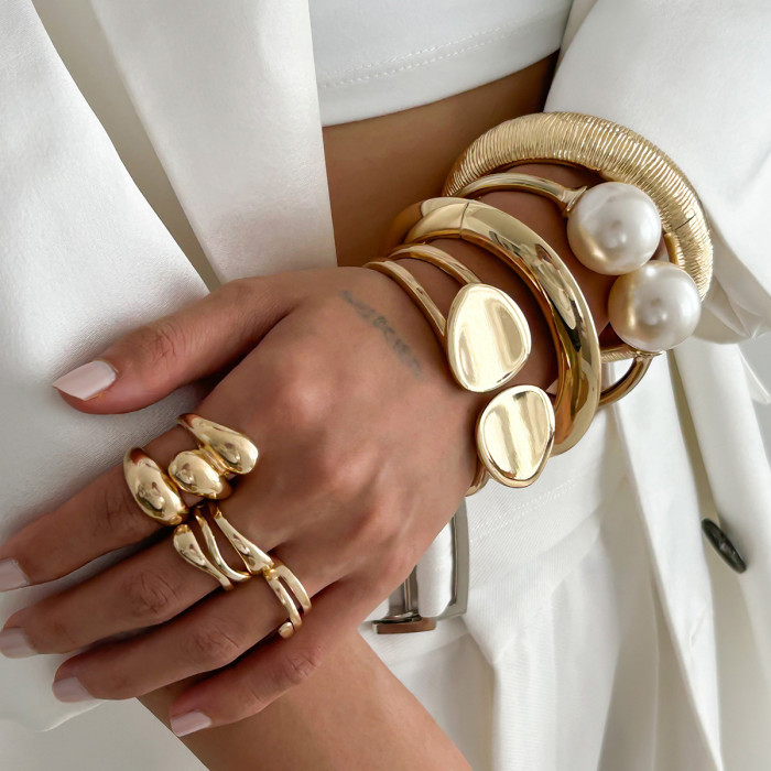 Jewelry Layered Style Round Disc Double-Layer Smooth Bracelet Irregular Alloy Bracelet Set