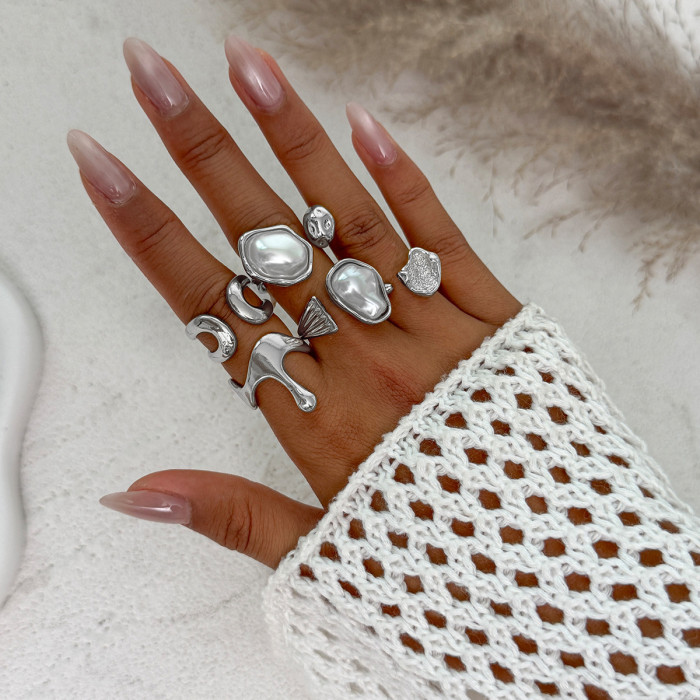 European and American Cross-Border High-End Photosensitive Surface Water Drop Hug Ring Set Baroque Imitation Pearl Open Joint Ring