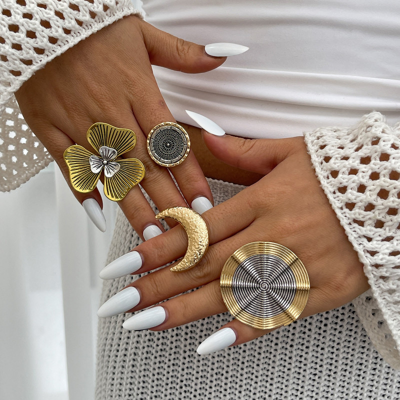 European and American Cross-Border Jewelry Retro Round Compass Ring Set Fashionable Double Layer Three-Leaf Flower Alloy Ring