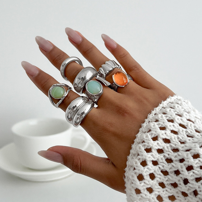 European and American Style Layered INS Style Inlaid Acrylic Ring Set for Women, Light Luxury Style Irregular Open Ring