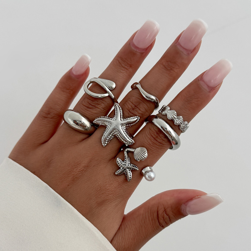 European and American Cross-Border Vacation Starfish Metal Open Ring INS Style 6-Piece Set Star Scallop Joint Rings for Women