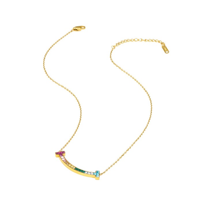 INS New Sweet Style Rainbow Necklace for Girls Colorful Zircon Fresh Versatile Collarbone Chain Summer