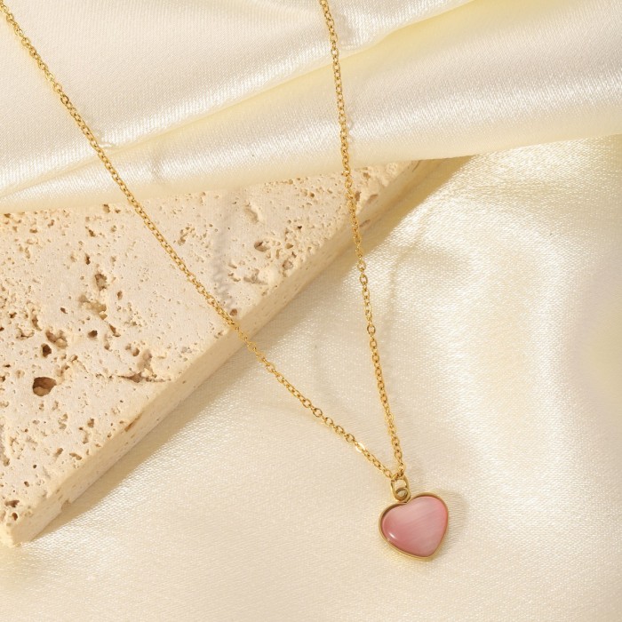 Cross-Border Hot Selling Light Luxury Simple Versatile Heart-Shaped Titanium Steel Plain Chain Oil-Drip Colorful Natural Stone Shell Niche Necklace