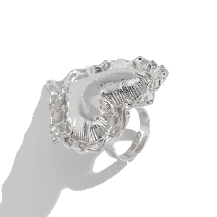 European and American Cross-Border Jewelry Exaggerated Pleated Three-Dimensional Heart Ring Ins Style Smooth Alloy Ring New Model