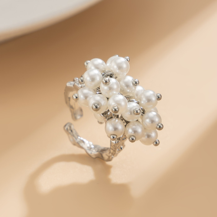 Baroque Irregular Pearl Alloy Ring Set European and American Cross-Border Light Luxury Geometric Metal Hollow Finger Ring