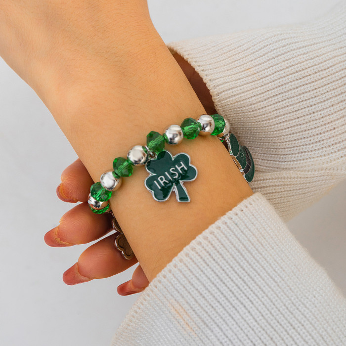 European and American Cross-Border Festival Gift Multi-Leaf Clover Letter Bracelet Simple Green Beaded Bracelet Beer Festival Accessories